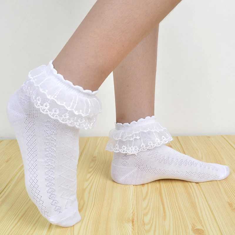 Children Dance Sock Non-Slip Summer Cotton Children Short Sock Breathable Thin Mesh White Ruffle Frilly Girl Princess Sock 1-15Y CL240824