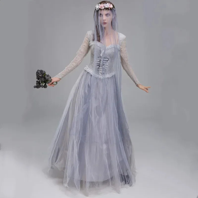 Duo Lady Corpse Bride Costume Classic Long Horror Mexican Zombie Role Playing Carnival Halloween Fancy Party Dress 240823