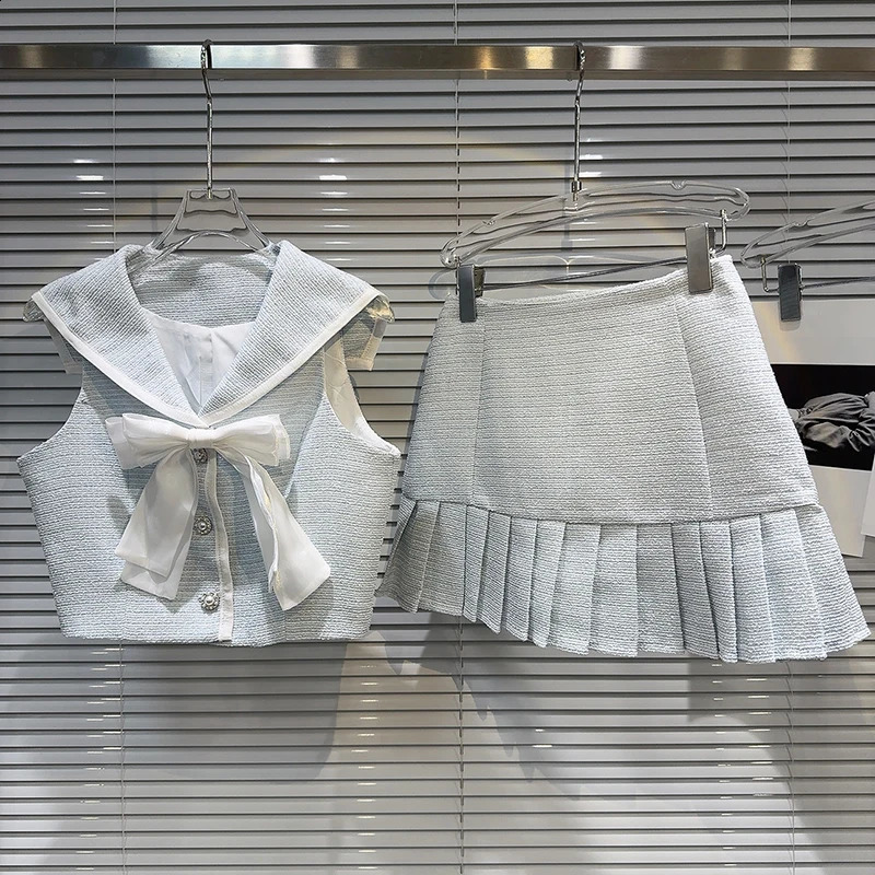 DEAT Summer Collection Tweed Bow Sailor Collar Vest High Waist Pleated Skirt Two-pieces Sets For Women Fashion 11XX9311 240823