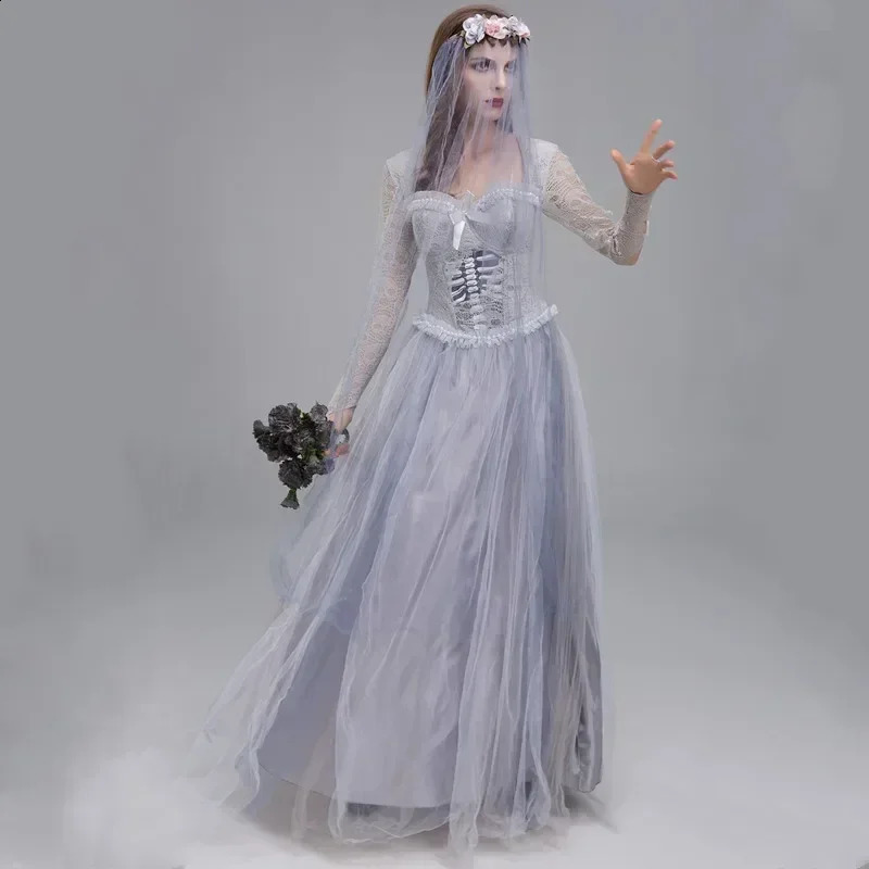 Duo Lady Corpse Bride Costume Classic Long Horror Mexican Zombie Role Playing Carnival Halloween Fancy Party Dress 240823