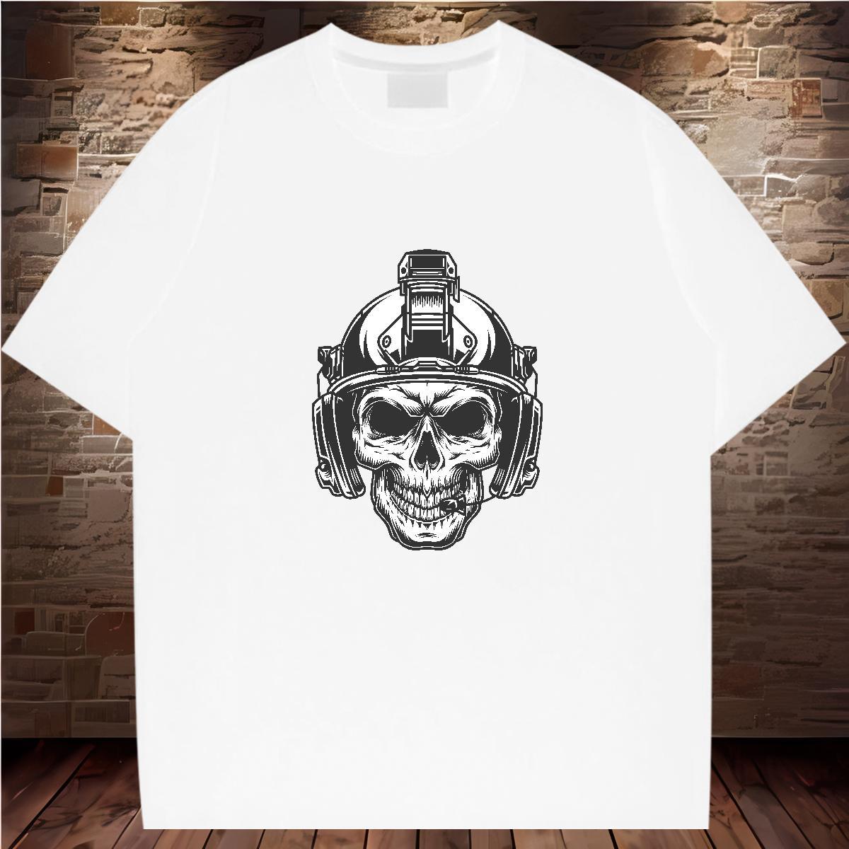 TOP Quality T shirt 230g Pure Cotton skull Casual Floral Print O-Neck Short Sleeve Tshirts Brand Tops