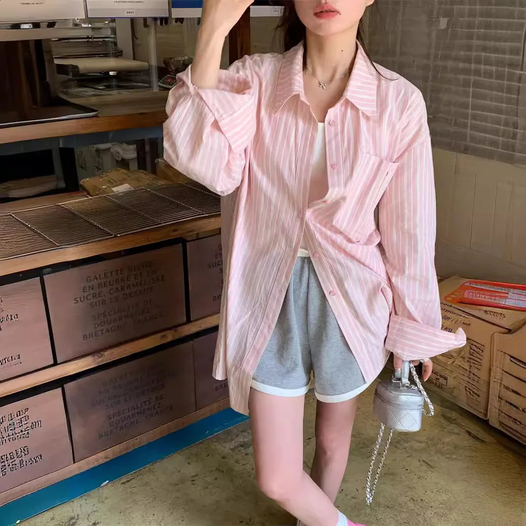 Sweet Pink Stripe Mid-Length Shirts Women Spring/Summer Korean Series Chic Loose Long sleeve Sun Protection Top 240823