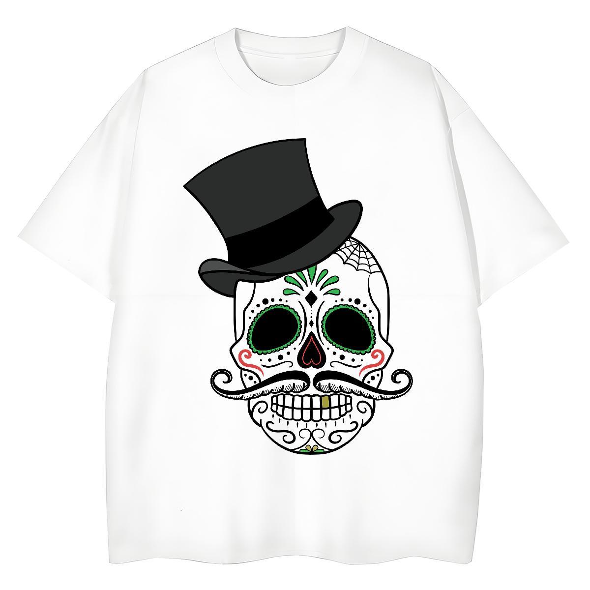 Loose T Shirt For Man 230g Pure Cotton skull High Street Hip Hop Black White Breathable Crew Neck Men Clothes T-Shirt Casual New Polos