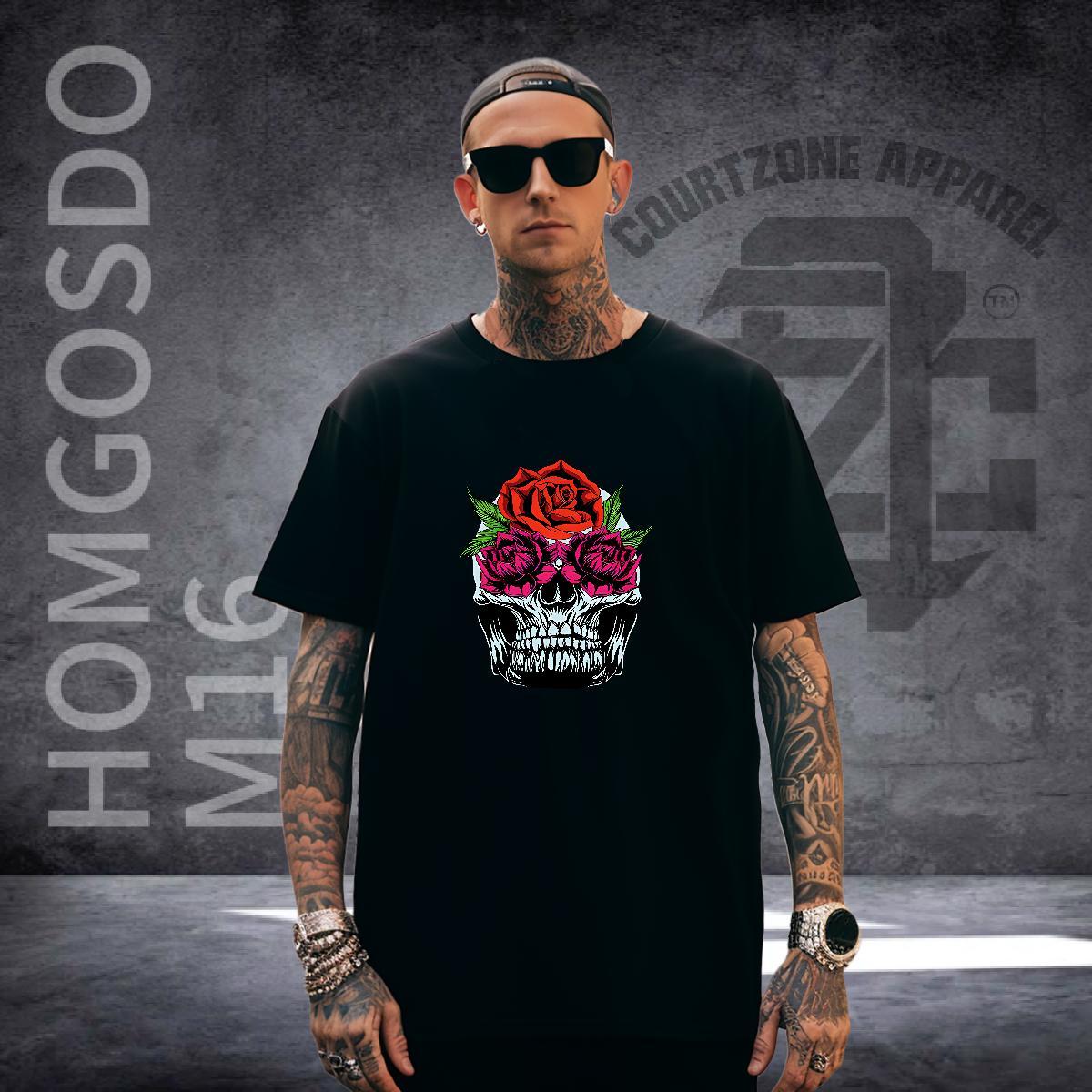 Unisex T-Shirts for Men 230g Pure Cotton skull Street Casual Floral Print Breathable Short Sleeve Men Tshirts Customized Tops