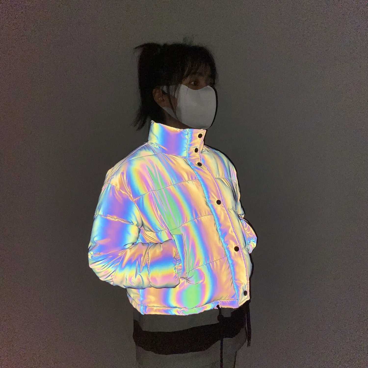Women's Down Parkas Rainbow reflective winter jacket for women fashionable warm cut jacket night reflective safe casual short park jacket Y240824