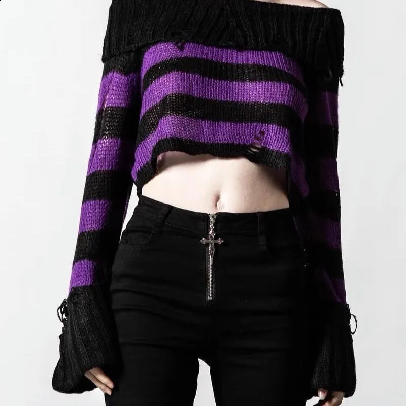 Deeptown Gothic Striped Cropped Women Knit Sweater Off Shoulder Y2K Hole Pullovers Harajuku Vintage Spring Punk Korean Fashion 240824