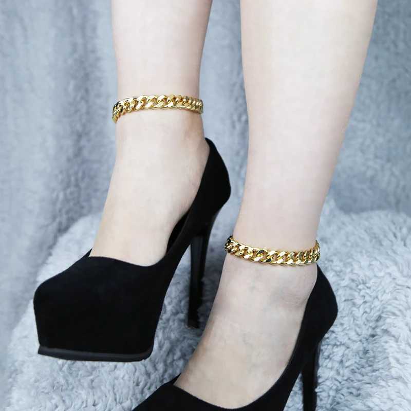 10.5mm Cuban Link Chain Anklet Summer Beach Gold Color Plated Iced Out Bling Paved Classic Foot Bracelet for Women 230719