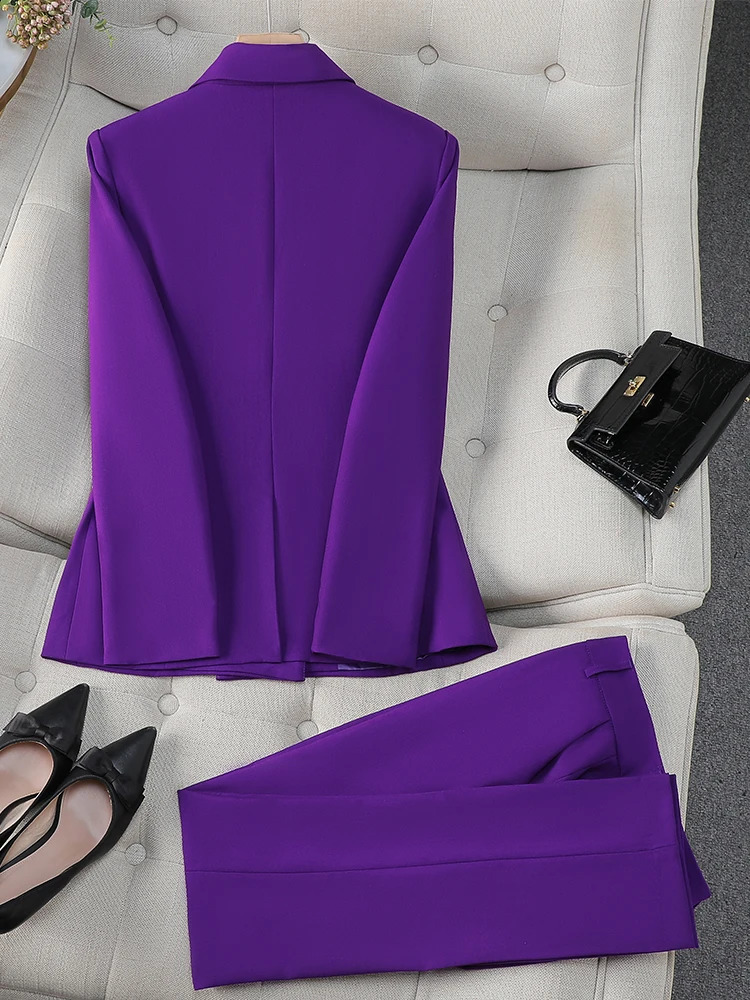 Fashion M8XL Office Womens Formal Pants Set Grey Purple Work Clothes 2piece Jacket and Trouser 240823