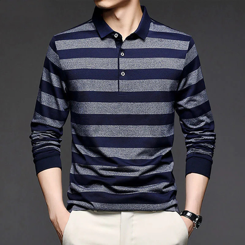 Streetwear Fashion Men Striped Polo Shirts Spring Autumn Long Sleeve Business Office Lapel Male Clothes Basic Casual Loose Tops 240824