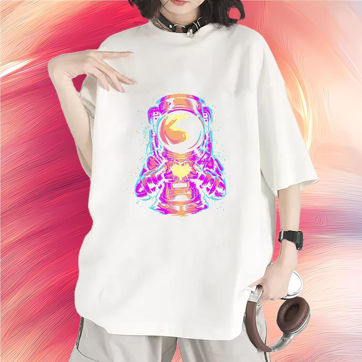 Loose Women Tees 100% Cotton 230g universe Sport Woman T Shirts Crew Neck Floral Print Tees Shirts
