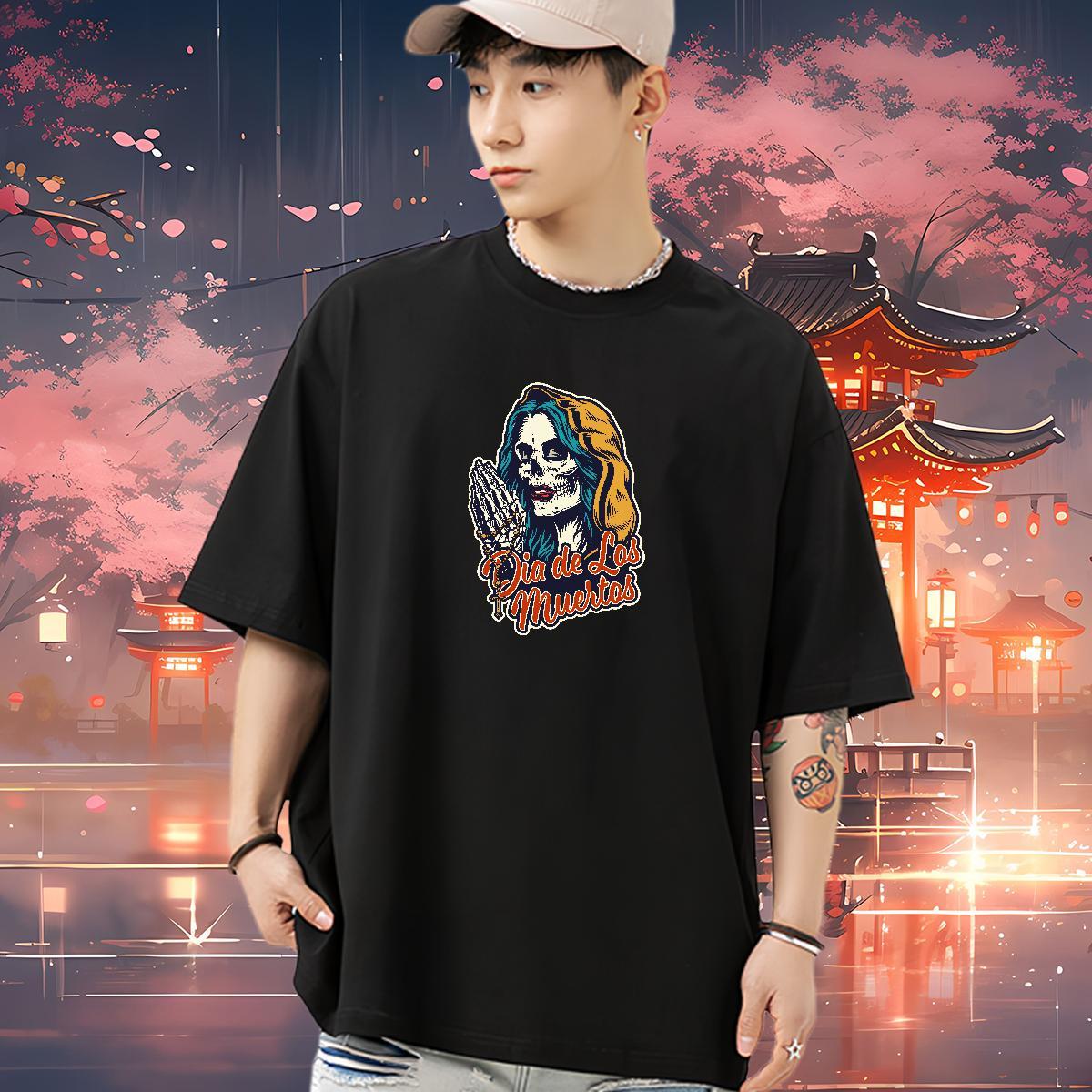 Classic Mens T Shirts 230g 100% Cotton skull Beach Plus Size Cartoon Breathable Short Sleeve Men Tops Tees Fashion Casual Tee Shirt