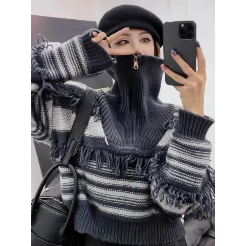 Japanese Y2K Women Sweater Vintage Tassel Knitted Pullover Harajuku Ulzzang High Street Turtleneck Zipper Sweater Jumper 240824