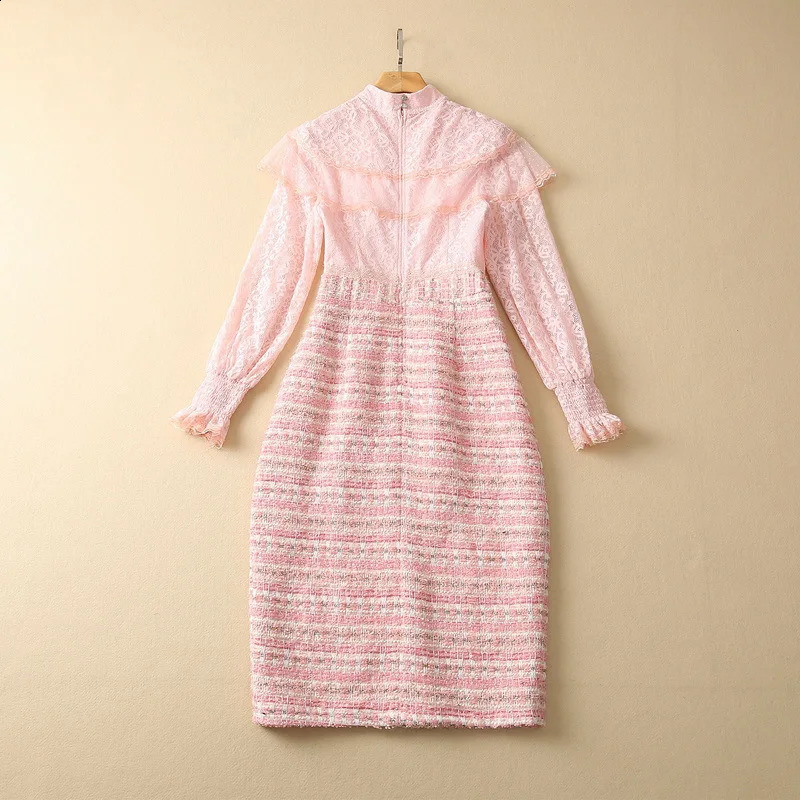 European and American womens clothes spring pink Long sleeve flared sleeve lace stitching tweed Fashion Dress XXL 240824