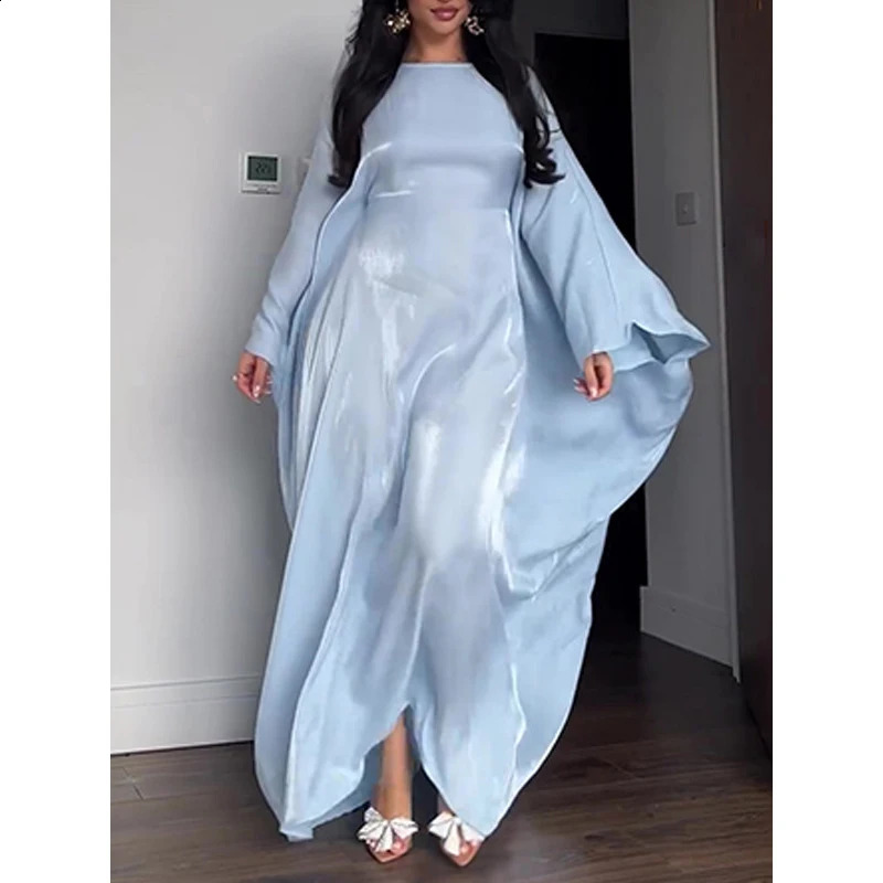 Krisnanas Fashion Batwing Sleeves Loose Solid Color Round-Neck Maxi Dresses for Womens Party Club Banquet Dresses 240824