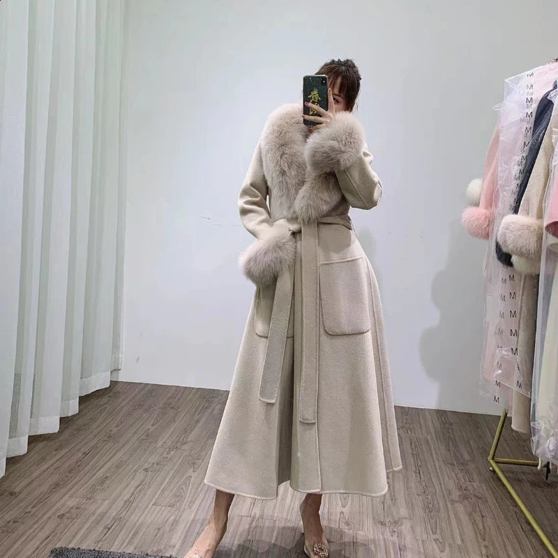 2024 Real Fur Coat Winter Jacket Womens Natural Fox Fur Collar Cuff Long Wool Blended Womens Warm Thick Coat 240824