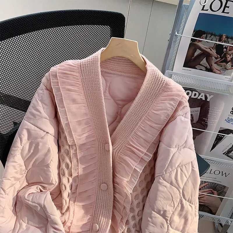Women's Down Parkas KUSAHIKI Fashion Ruffle Knitted Patchwork Parka Coat Causal Long Slve V-neck Korean Jackets 2023 Autumn Winter New Parkas Y24