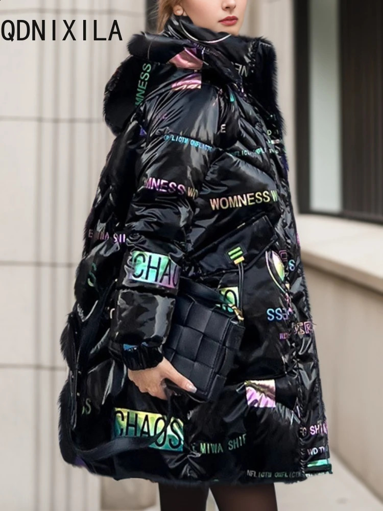 Womens down jacket medium long Korean style fashionable Parka top hooded warm black smooth casual loose womens 240823