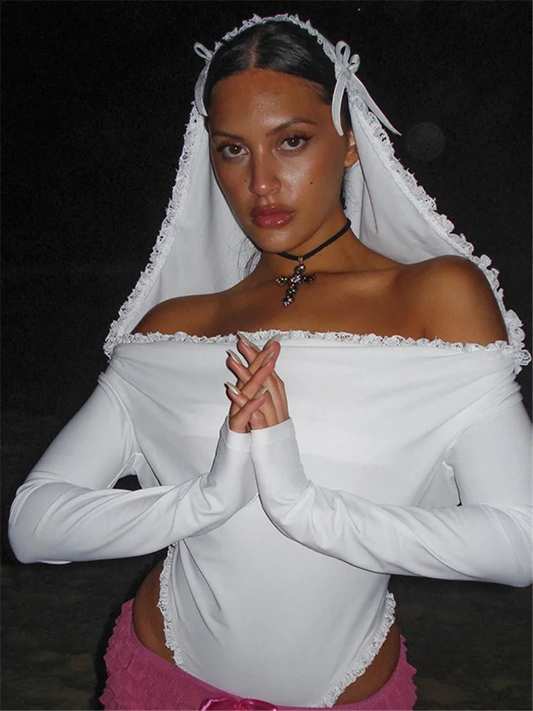 Shestyle White Hooded Slash Neck Bodysuit Women Solid Lace Bow Holy Top Off Shoulder Lingerie Night Club Fantasy Spring 240824