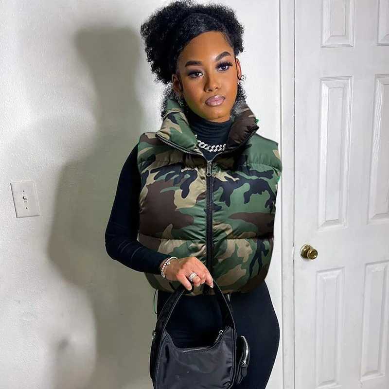 Women's Down Parkas Women Camouflage Puffer Jackets Vest Slveless Camo Bubble Coats Parkas Down High Waist Drawstring Vests Cotton Cropped Parka 