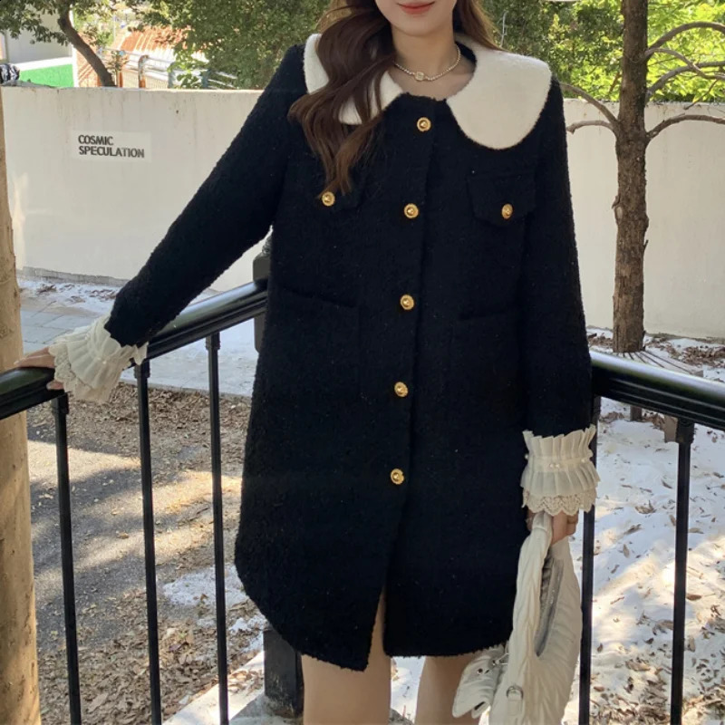 Tweed Doll Collar Loose Patchwork Dress Women Small Fragrance Thick Warm Elegant Chic Fashion French Female Long Sleeve Dress 240824