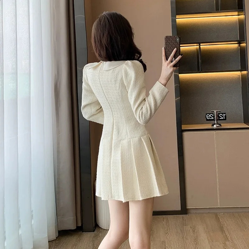 GkyocQ Fall and Winter Celebrity Small Perfume Style French Elegant Sweet Bow Tweed Lapel Collar Long-sleeved A Line Dress 240824