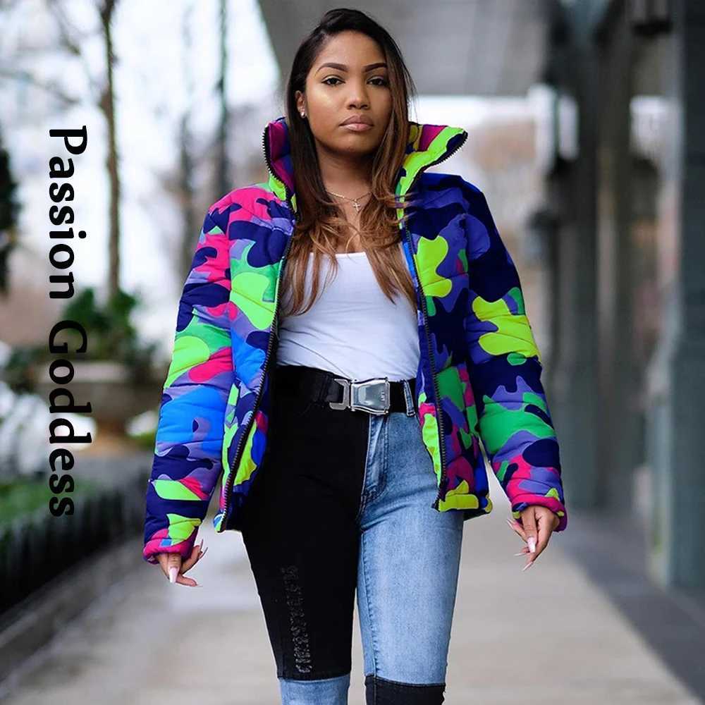 Women's Down Parkas Winter Fashion Women Camouflage Puffer Jacket Cool Warm Zipper Bubble Coats Stand Collar Parkas Down Camo Jacket Outcoat 3XL 