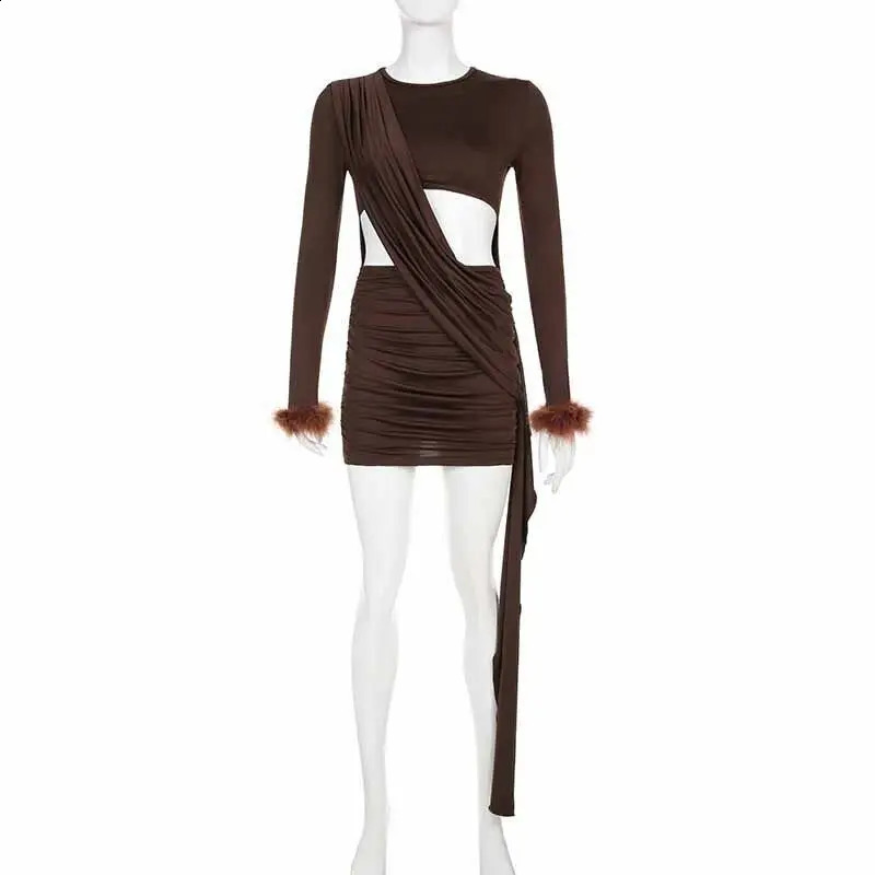 Sexy Fur Patchwork Long Sleeve Women Dress Hollow Out O Neck Mini Dress Autumn Party Skinny Outfits Clothing Clubwear 832 240823