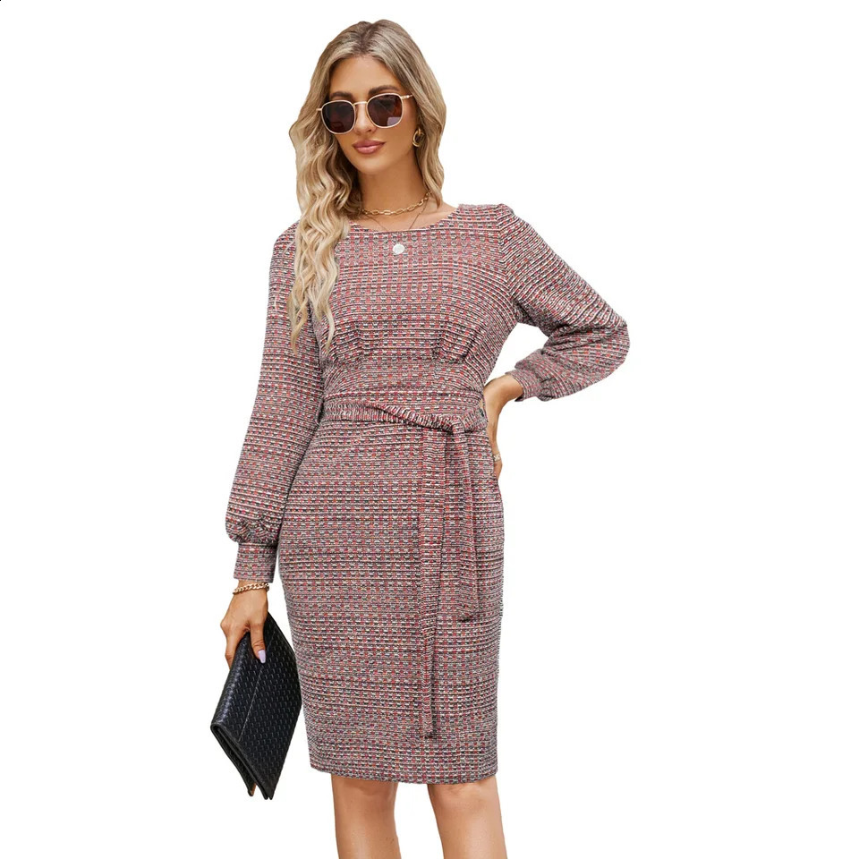 Womens Causal Tweed Dress OL Long Sleeve Crew Neck Back Slit Bodycon Dress Slim Fit Ladies Elegant Mid-calf Zip Up Long Skirt 240824