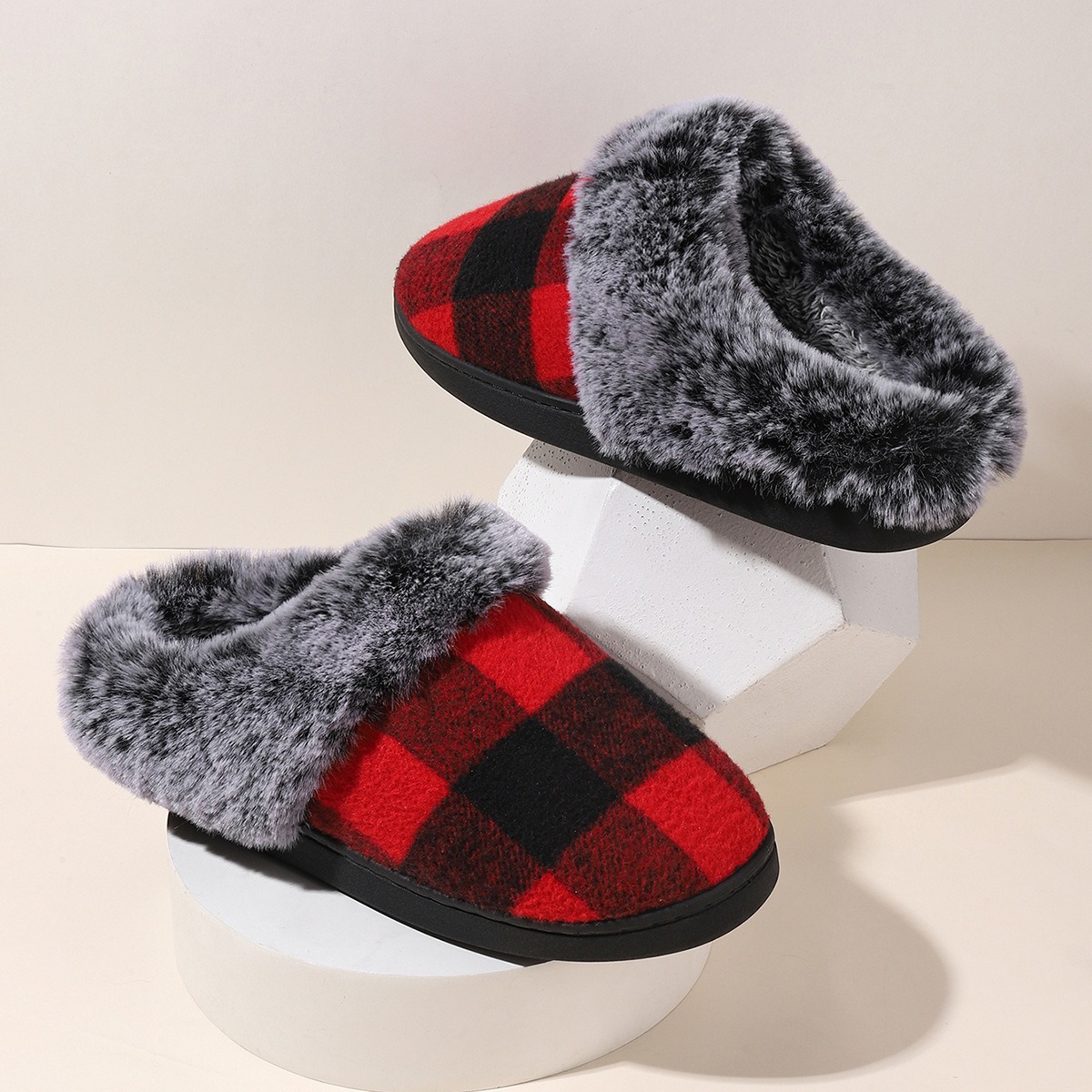 Designer new plaid fur slippers women fashion trend winter home comfortable warm non-slip cotton slipper high quality Winter Shoes large size 36-45