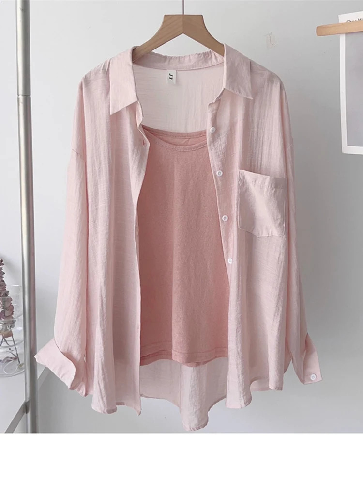 OIINAA Pink Shirts for Women Tops Turn-Down Collar Long Sleeve Loose Shirt Korean Style Casual Fashion Blouses Basic Summer 240823