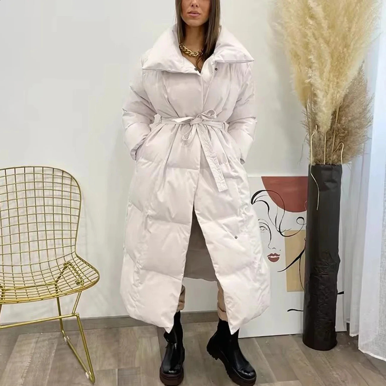 Malina Thick Loose Parkas Womens Fashion Solid Color Button Coat Elegant Tie Long Cotton Jacket 240823