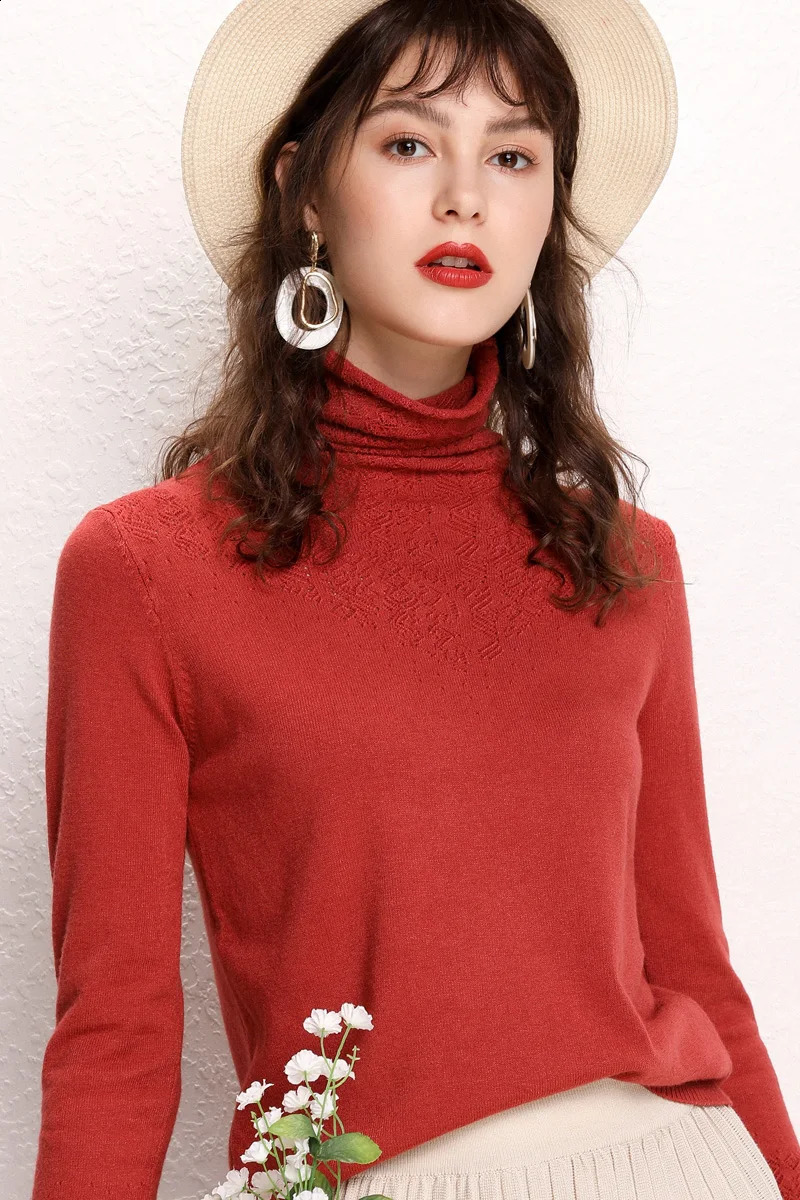 Women Merino Wool Sweater Pile Collar Pullover Cashmere Knitwear Solid Color Hollowed Jacquard Clothing Basic Spring Autumn Tops 240824
