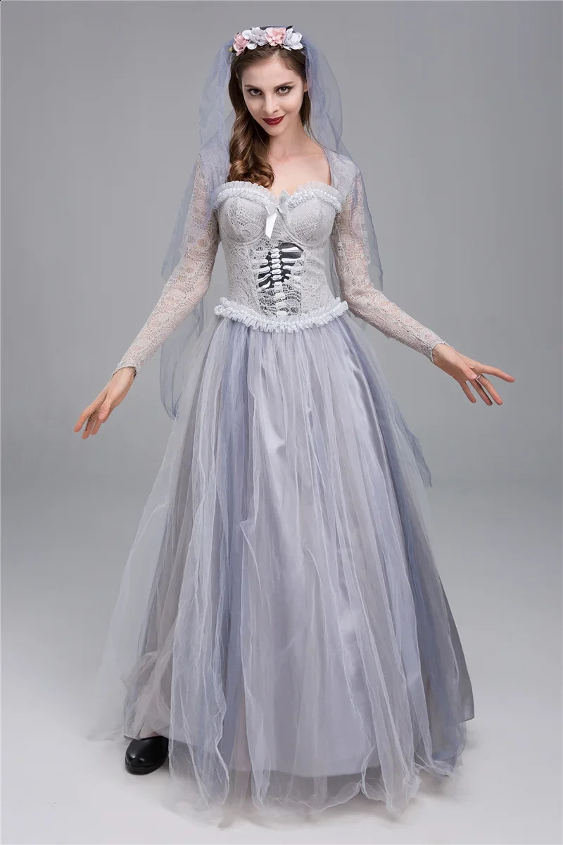 Adult horror zombie ghost bride costume cosplay Halloween fancy party dress with veil suitable for women 240823