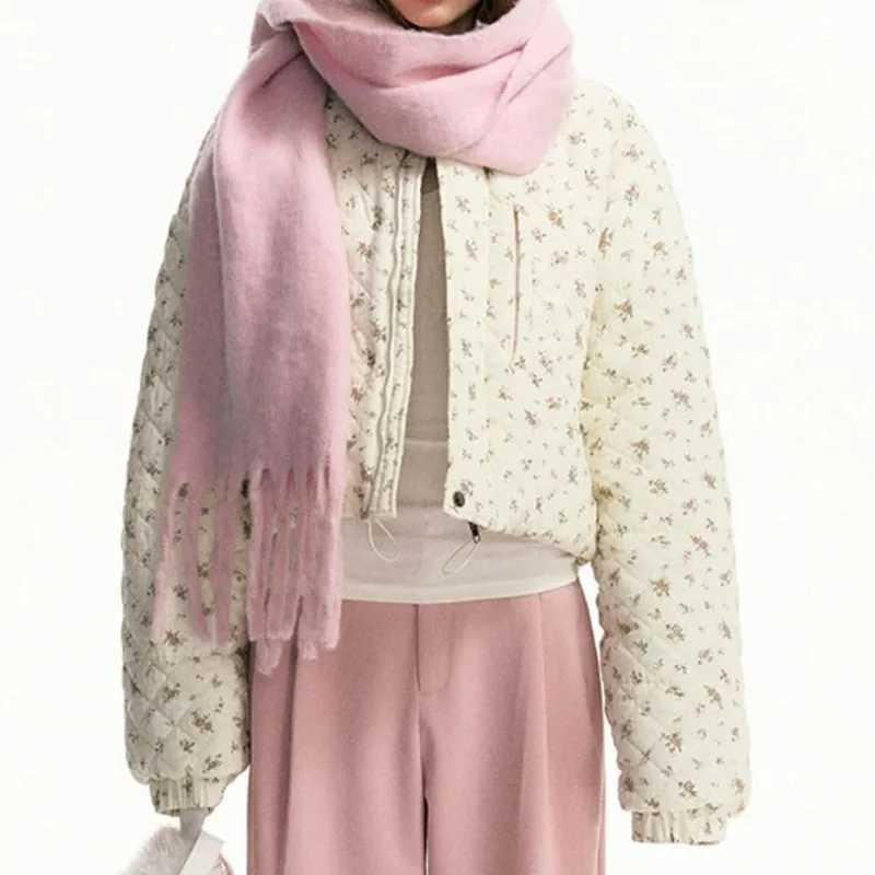 Womens Down Parkas Floral print Swt chic winter jacket 2024 new vertical collar zipper fashionable cotton jacket casual loose warm casual womens cloth