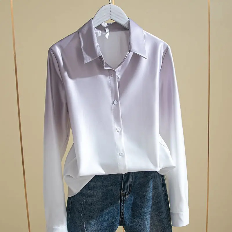 Womens Spring Autumn Fashion Polo-Neck Button Loose and Slimming Long Sleeved Personalized Gradient Western-style Shirt Top 240823