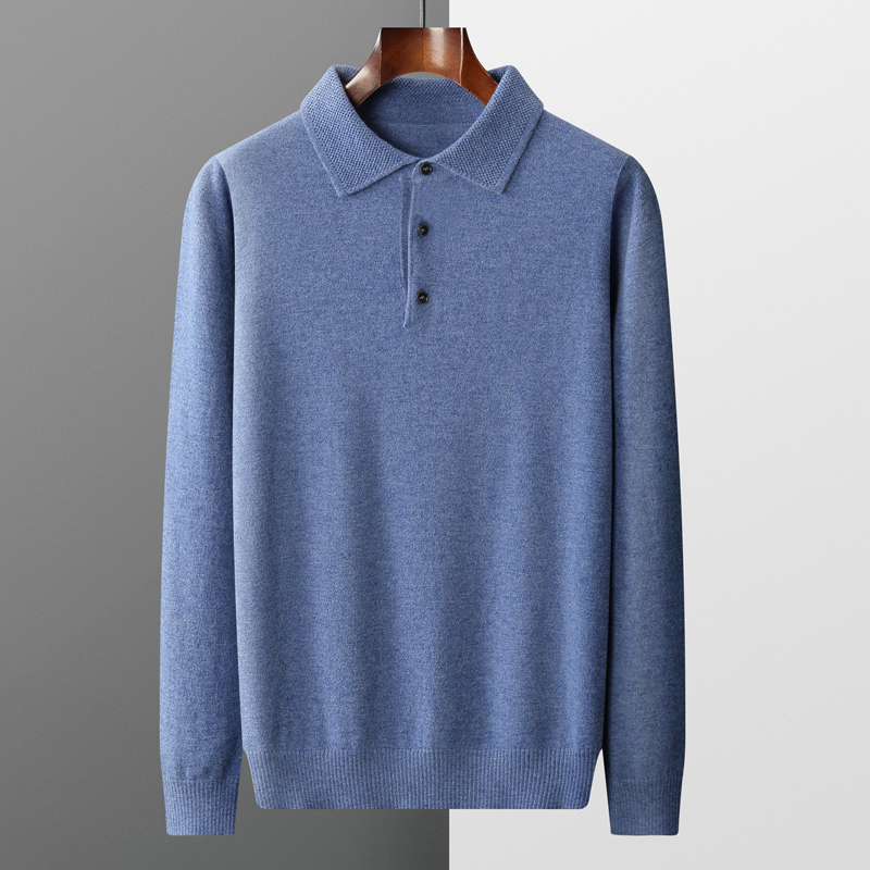 Cashmere sweater mens polo neck 100 pure cotton long sleeved Tshirt business casual brushed knit bottom w240824