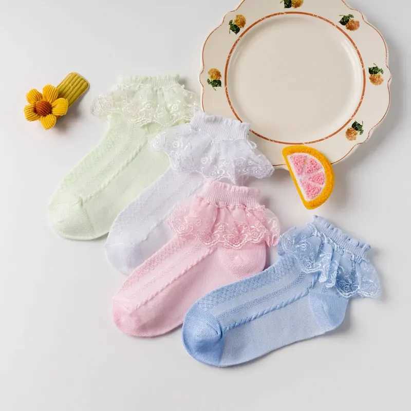 Spring Summer Breathable Cotton Lace Ruffle Princess Cute Thin Mesh Socks Children Ankle Short Sock Solid White Baby Girls Kids CL240824