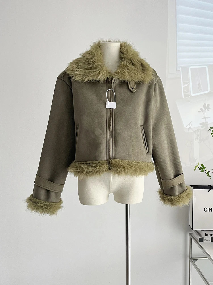 American Retro Woolen Coat TurnDown Collar Vintage Long Sleeve Green Leather Jacket Cozy Outerwear High Street Autumn Winter 240823