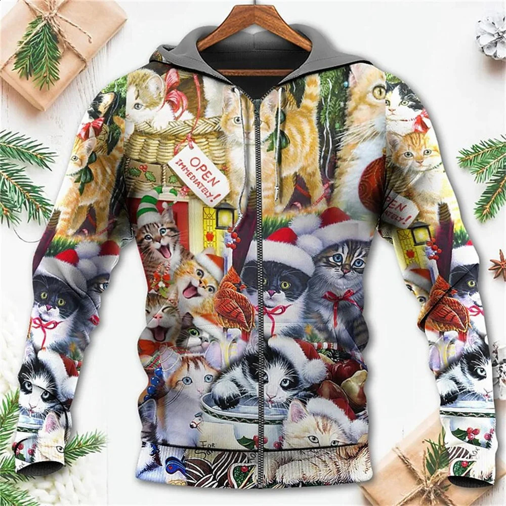 3d Christmas Festival Mens Zipper Hoodies Fashion Santa Claus Clothes For Men Clothing Oversized Tops Long Sleeve Sweatshirt 240823
