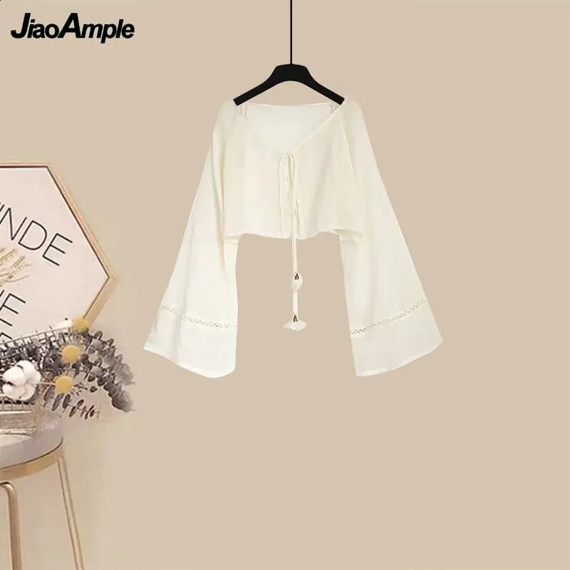 Summer Korean Elegant Chiffon Sunscreen Shirt Strap Skirt Two Piece Suit Womens Fashion CardiganDress Matching Set 240823