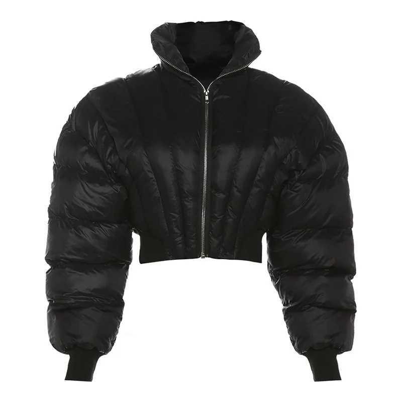 Women's Down Parkas Fashion Women Broad Shoulder Puffer Jackets High Waist Bubble Coats Slim Puffer Jacket Parkas Mujer Zipper Cropped Parkas Dow