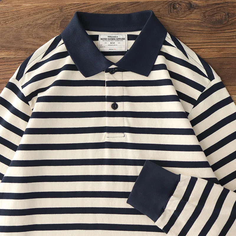 Autumn American Retro 250g Long Sleeve Laepl Sailor Striped Polo Shirt Mens Fashion 100% Cotton Washed Heavyweight T-shirt 240824