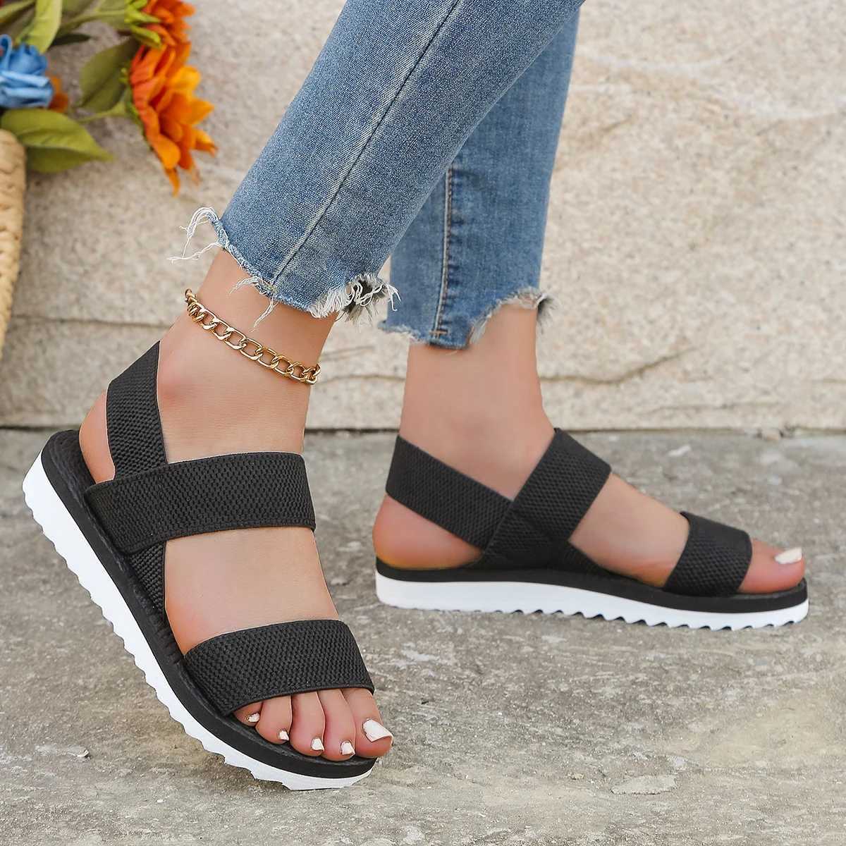 New Arrival Womens fashion trend anti-slip wear comfortable matching color sole pure black shoelace flat sandals T250217