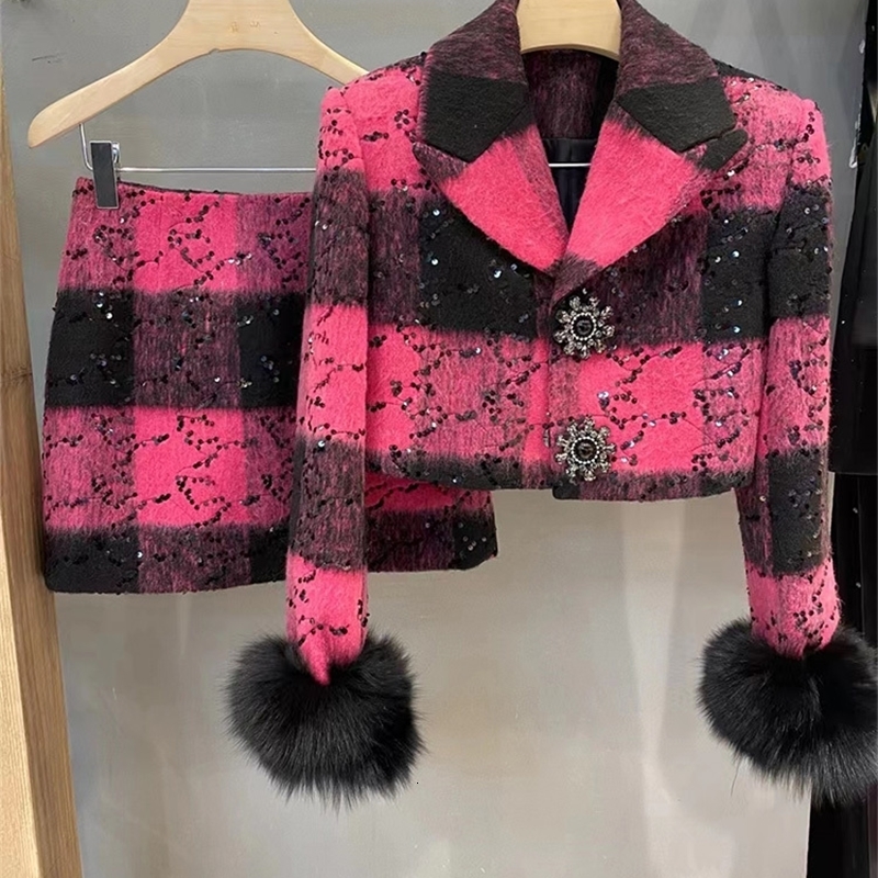 Plaid short woolen coat for women autumn fashion skirt two-piece set 240823