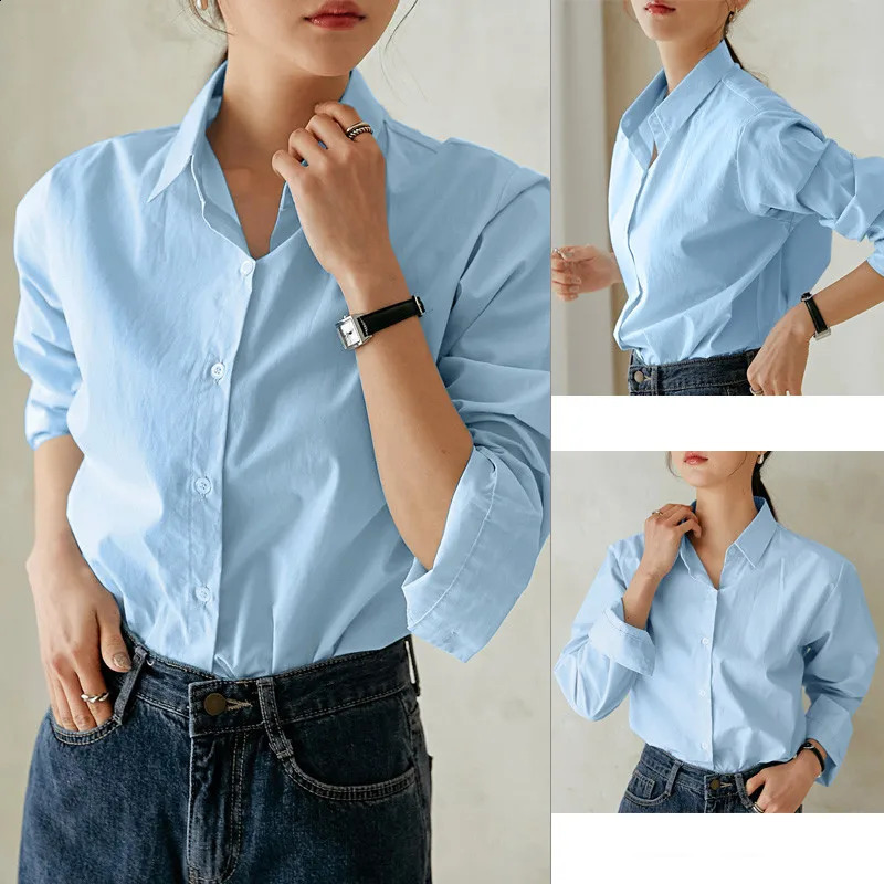 Fashion Spring Autumn Simple And Casual Loose Versatile Pure Color Lapel Shirt WomenS 100% Cotton Long Sleeve Underlay 240823
