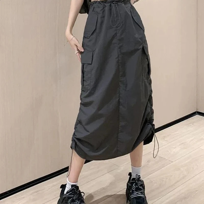 Casual Elastic Waist Straight Cargo Skirts for Long Skirts Spring Summer Drawstring Length Classic Versatile Mid-Length Skirt 240823