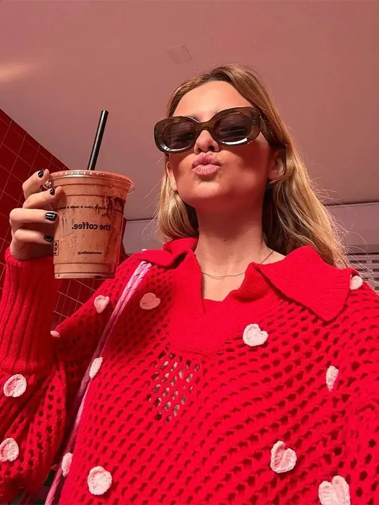 Hearts Red Print Hollow Out Knit Sweater Women Chic Lapel Lantern Sleeves Pullover Autumn Female High Street Thin Knitwear 240824