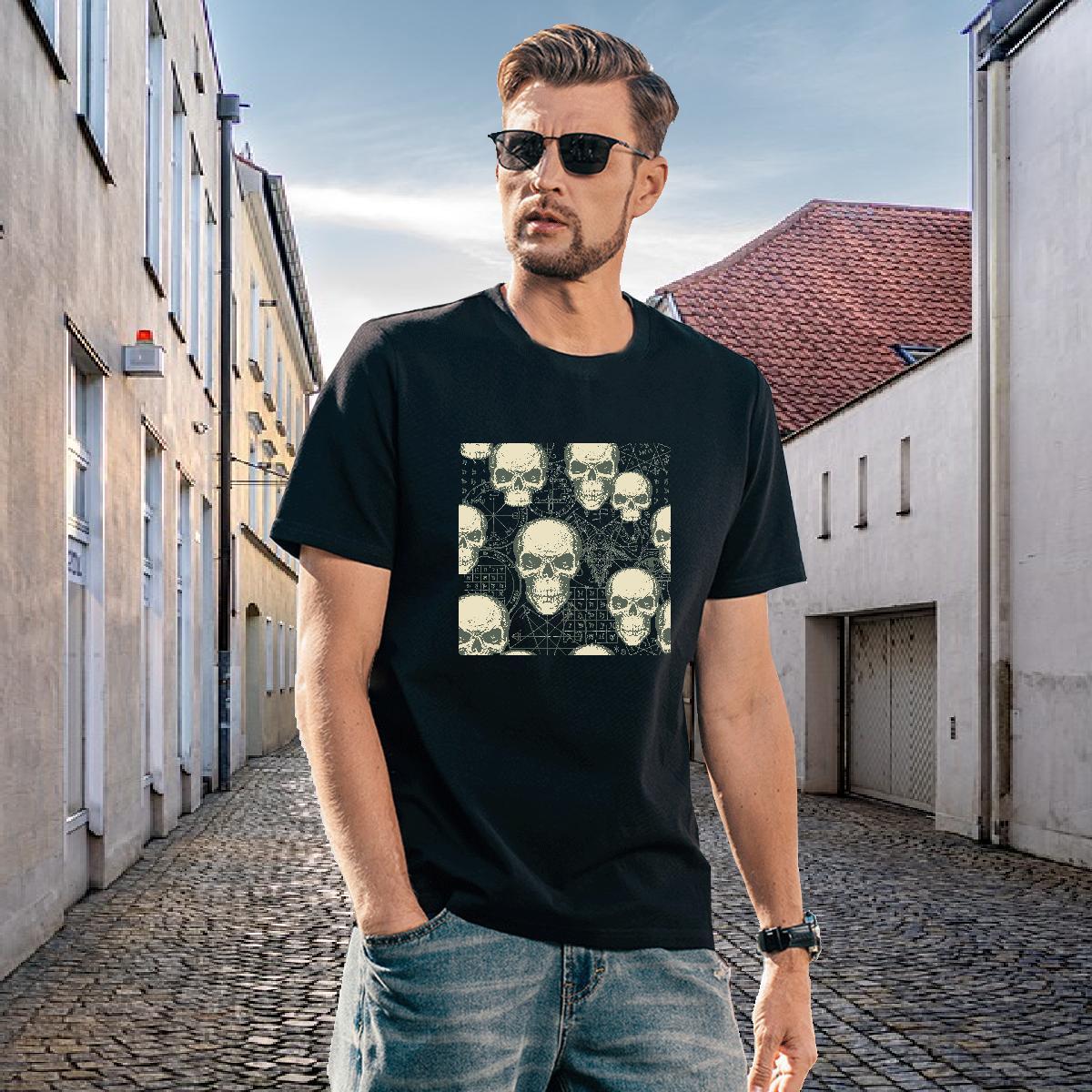 High Quality T Shirt For Man 230g Cotton skull Spring Summer White Plus Size Crew Neck Men Clothes T-Shirt Fashion New Tops Tees