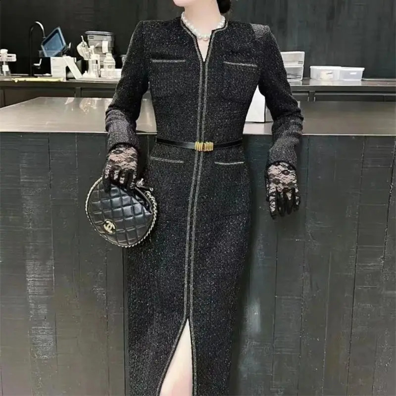 Autumn Winter Elegant Tweed Party Dress Fashion Bright Silk Split Midi Dress Women Long Sleeves Slim Celebrity Vestidos 189P 240824