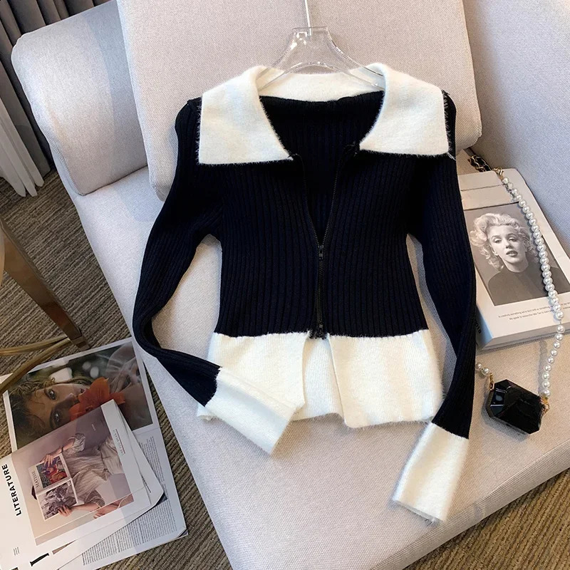 KUSAHIKI Autumn Sweet Spicy Slim Fit Knitted Sweater Jacket contrast Color Sexy Zipper Knitwear Coat Top 240824